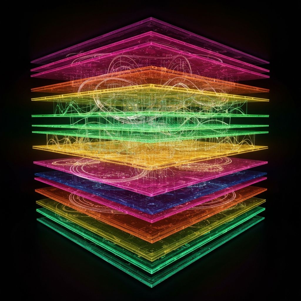 Abstract layered visualization representing a research evidence system
